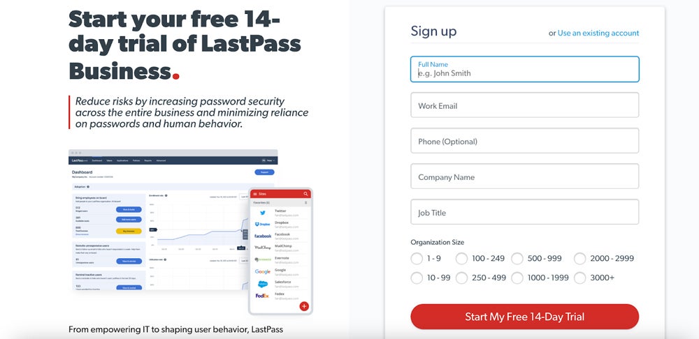LastPass free trial sign up page screenshot.
